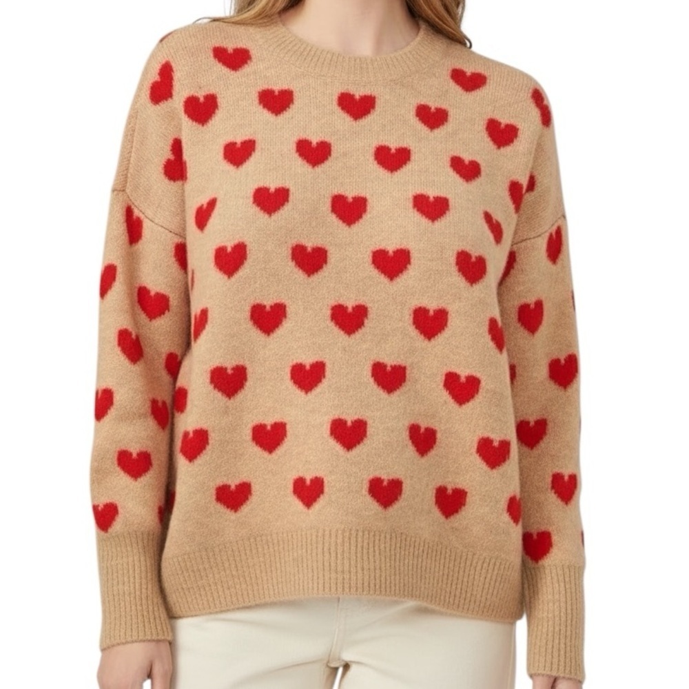 NWT VINCE CAMUTO Tan & Red Heart Crewneck Long Sleeve Sweater Size Small
